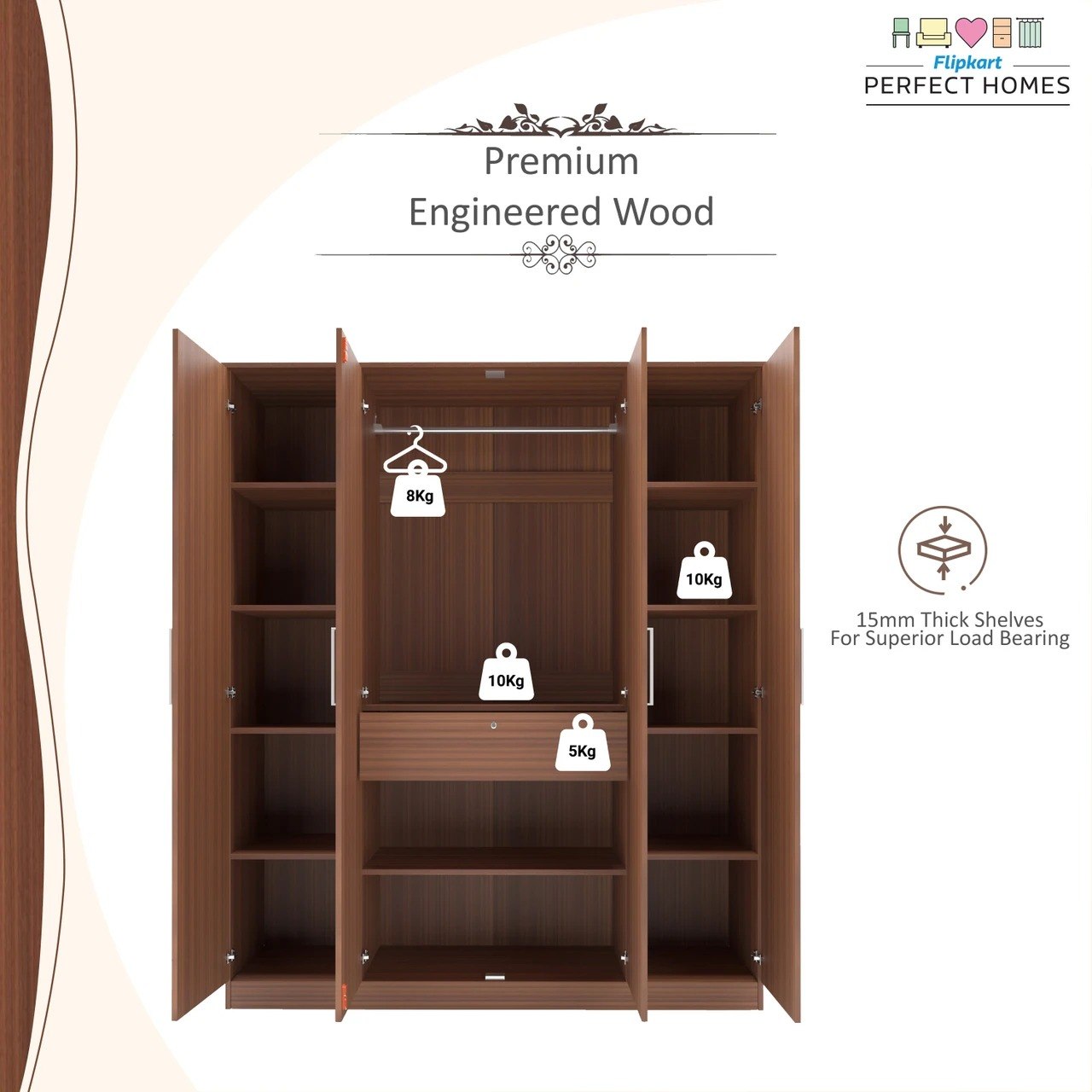 Flipkart Perfect Homes Julian Engineered Wood 4 Door Wardrobe (Melamine Almond Walnut SIB, Mirror Included) – Spacious Modern Wardrobe with Premium Finish